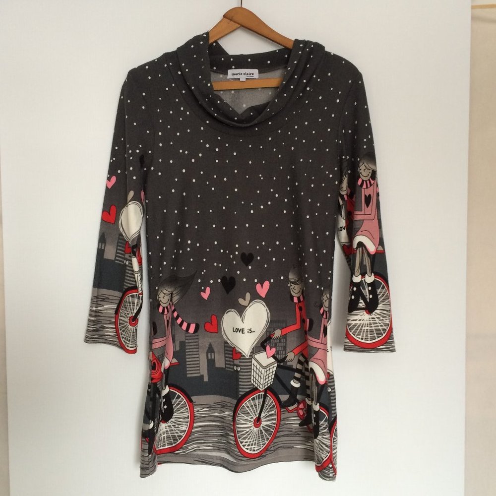 Marie Claire Boutique Womens Top Tunic Medium Dark Gray Dot Love Is Cowl Neck